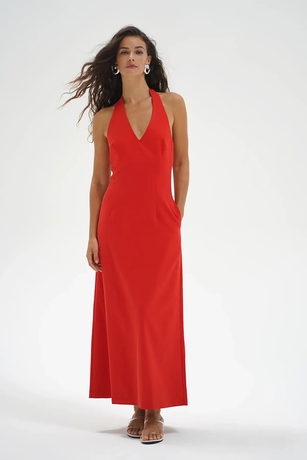 LNA - Abria Halter Dress - Red Chambray